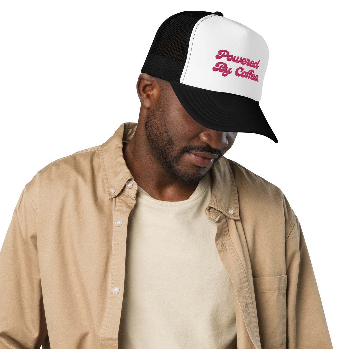 Powered By Coffee Foam trucker hat (Pink)