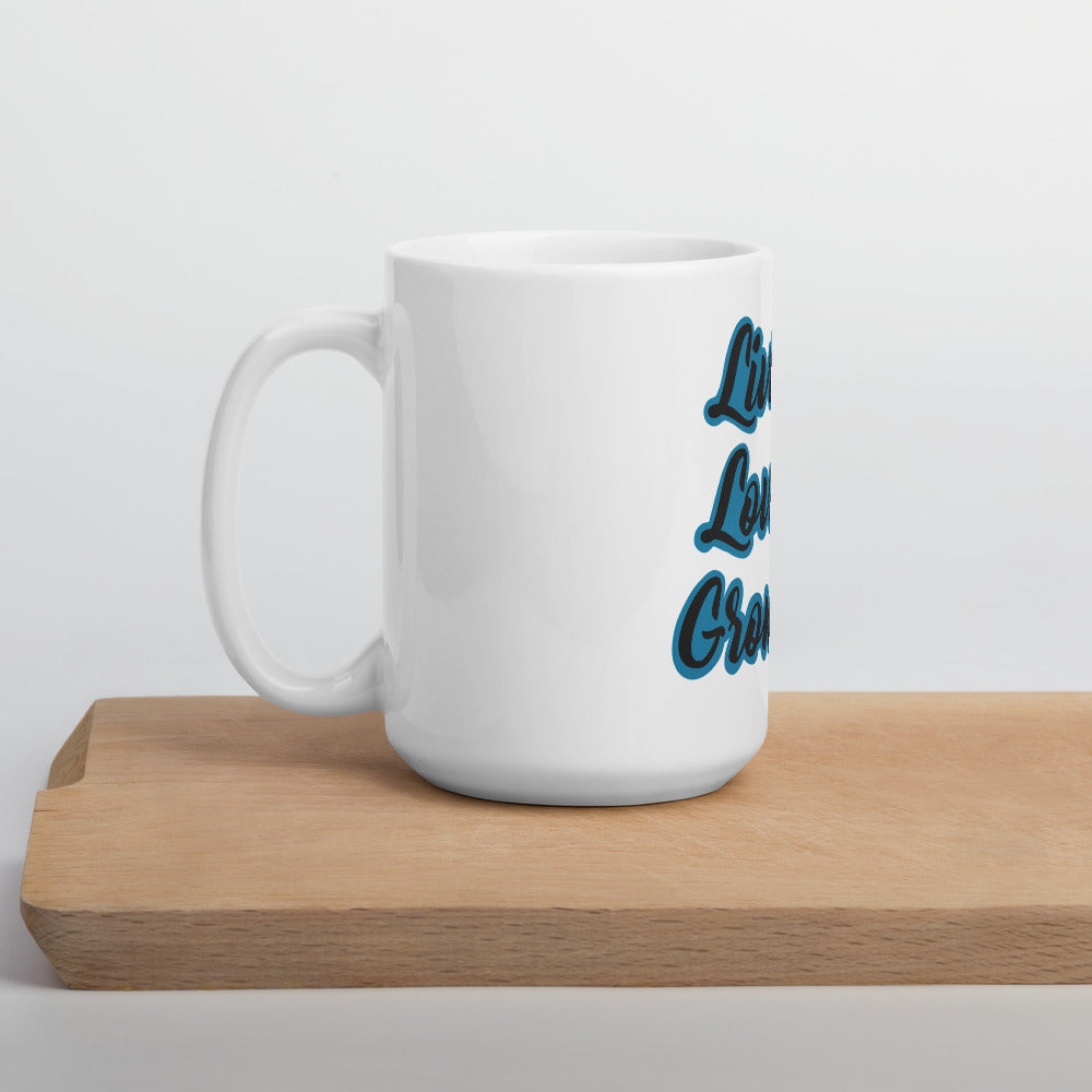 Living Loving Growing White glossy mug