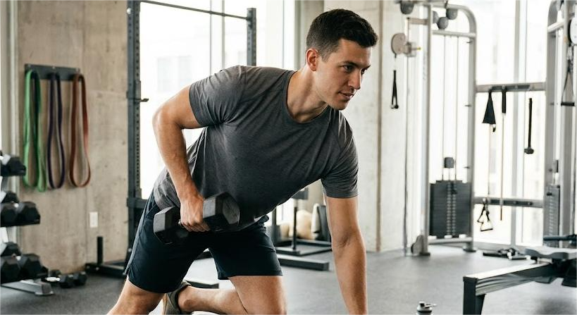 Man wearing a short sleeve gym tee performs a dumbbell row in a bright gym