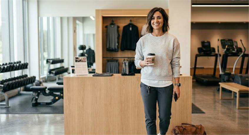 Woman in relaxed fit gym clothes stands in a modern gym lobby