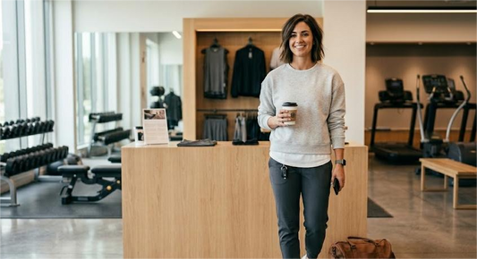 Woman in relaxed fit gym clothes stands in a modern gym lobby