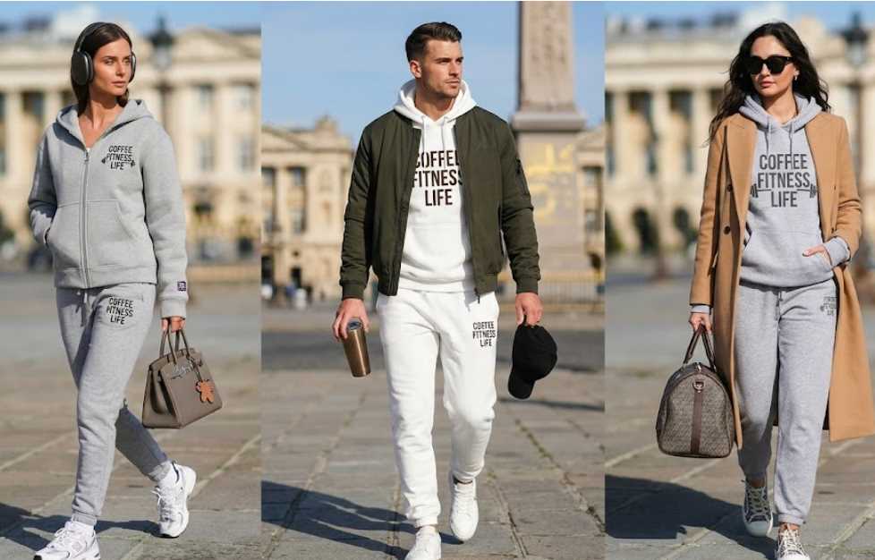 Unisex coffee-themed hoodie and jogger set styled for a morning coffee run