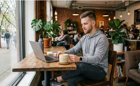 Coffee-inspired athleisure outfit with hoodie and joggers in a modern café lifestyle setting