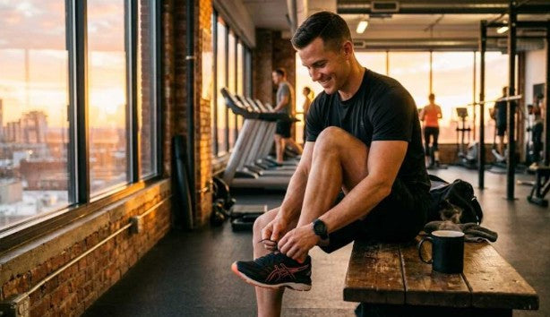 Athlete tying shoes in a gym at sunrise with a cup of black coffee nearby on a bench. Warm lighting, energetic tone.