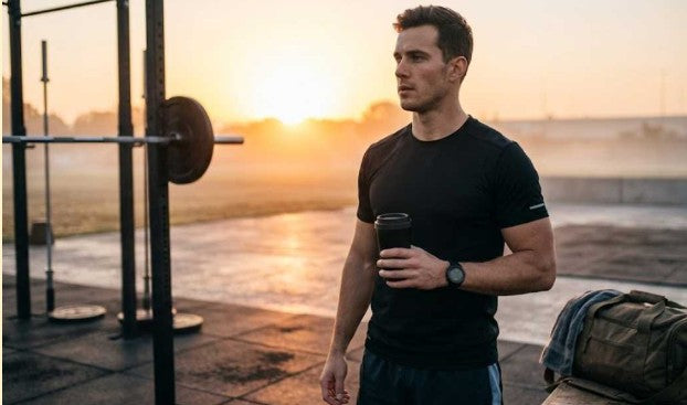 Athlete drinking black coffee before morning workout for natural pre-workout energy”