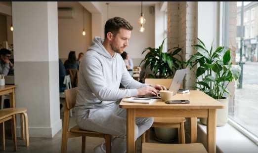 Minimalist athleisure outfit in a coffee shop lifestyle setting with hoodie and joggers