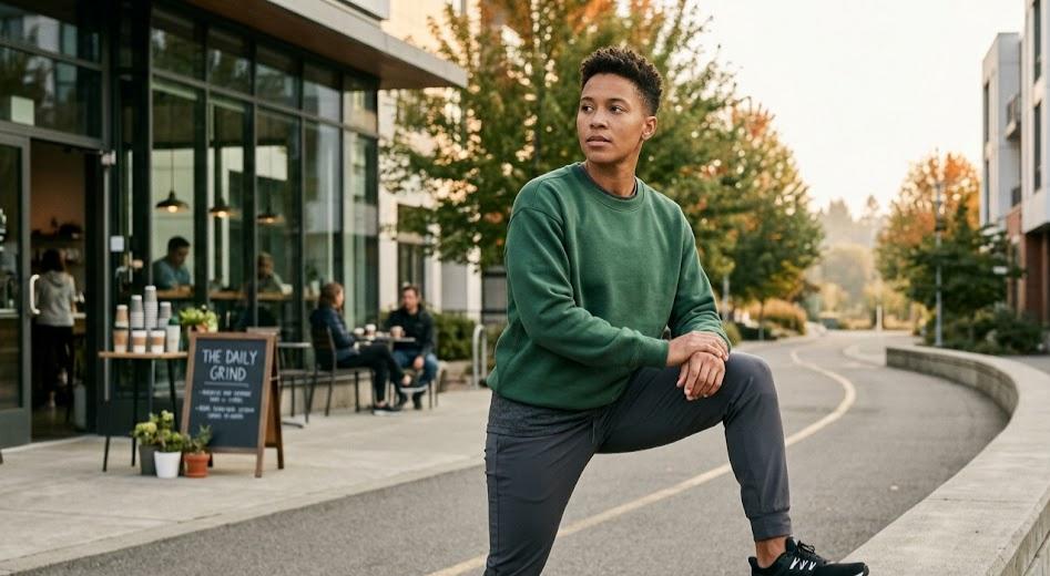 Person in a green sweatshirt stretching outdoors on a sidewalk near a café, with trees and buildings in the background.