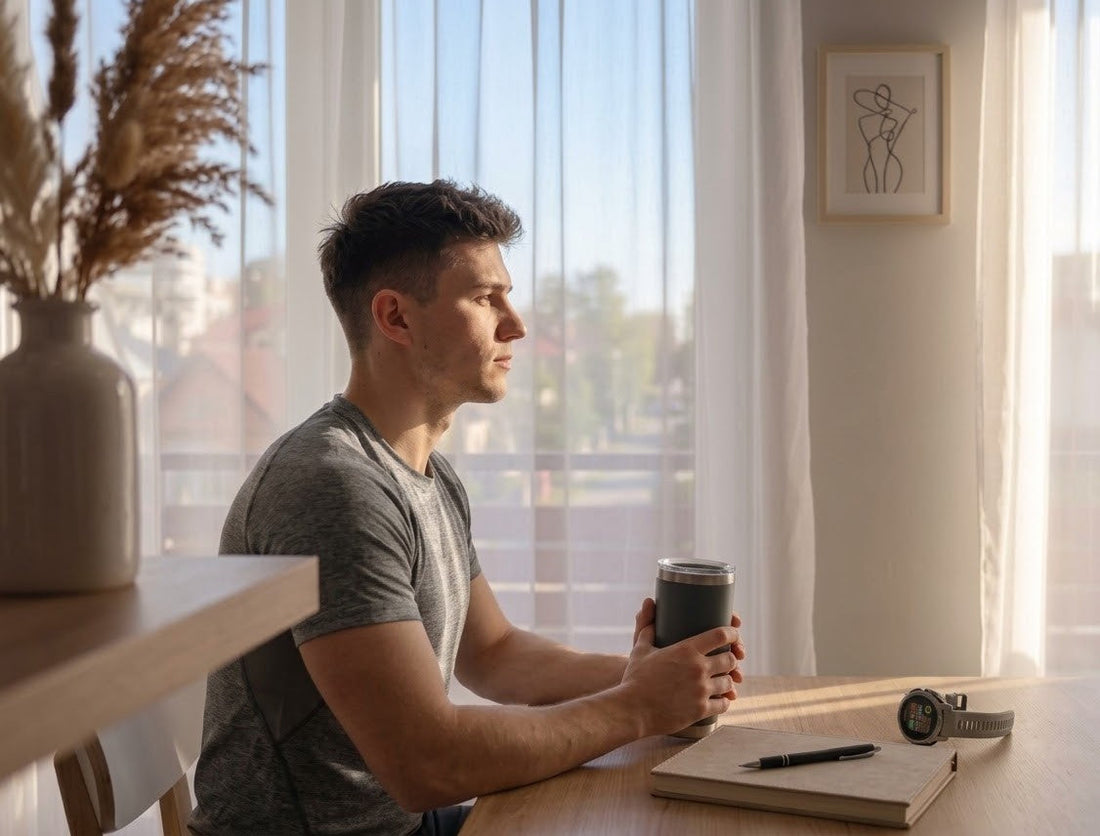 A calm morning scene with coffee, natural light, and a simple environment.
