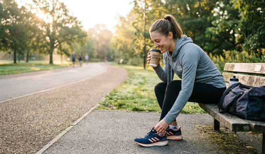Coffee lover preparing for a workout.Person wearing a lightweight workout hoodie, holding a coffee cup while stretching or tying running shoes.