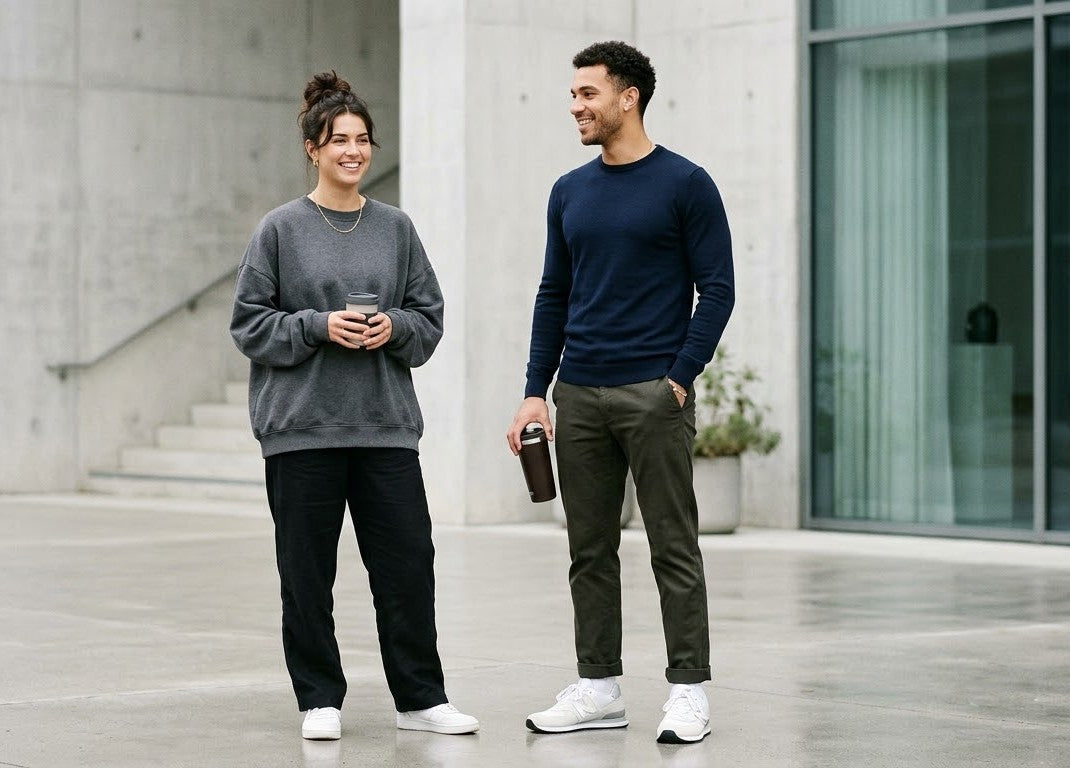 A modern lifestyle scene showing two individuals standing side by side in a minimalist urban setting, one wearing a relaxed fit unisex sweater and the other wearing a fitted regular sweater, clear visual contrast in silhouette and fit