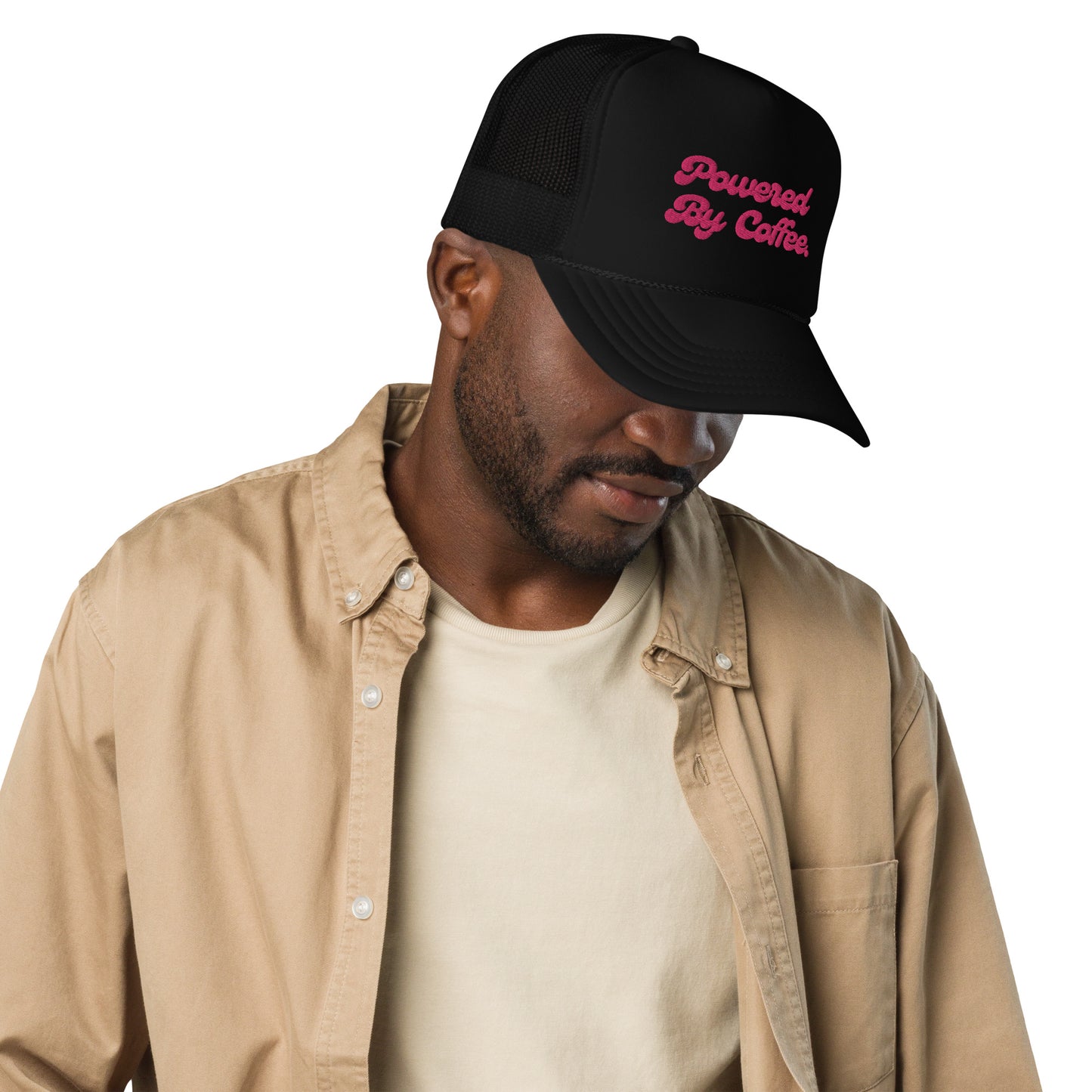 Powered By Coffee Foam trucker hat (Pink)
