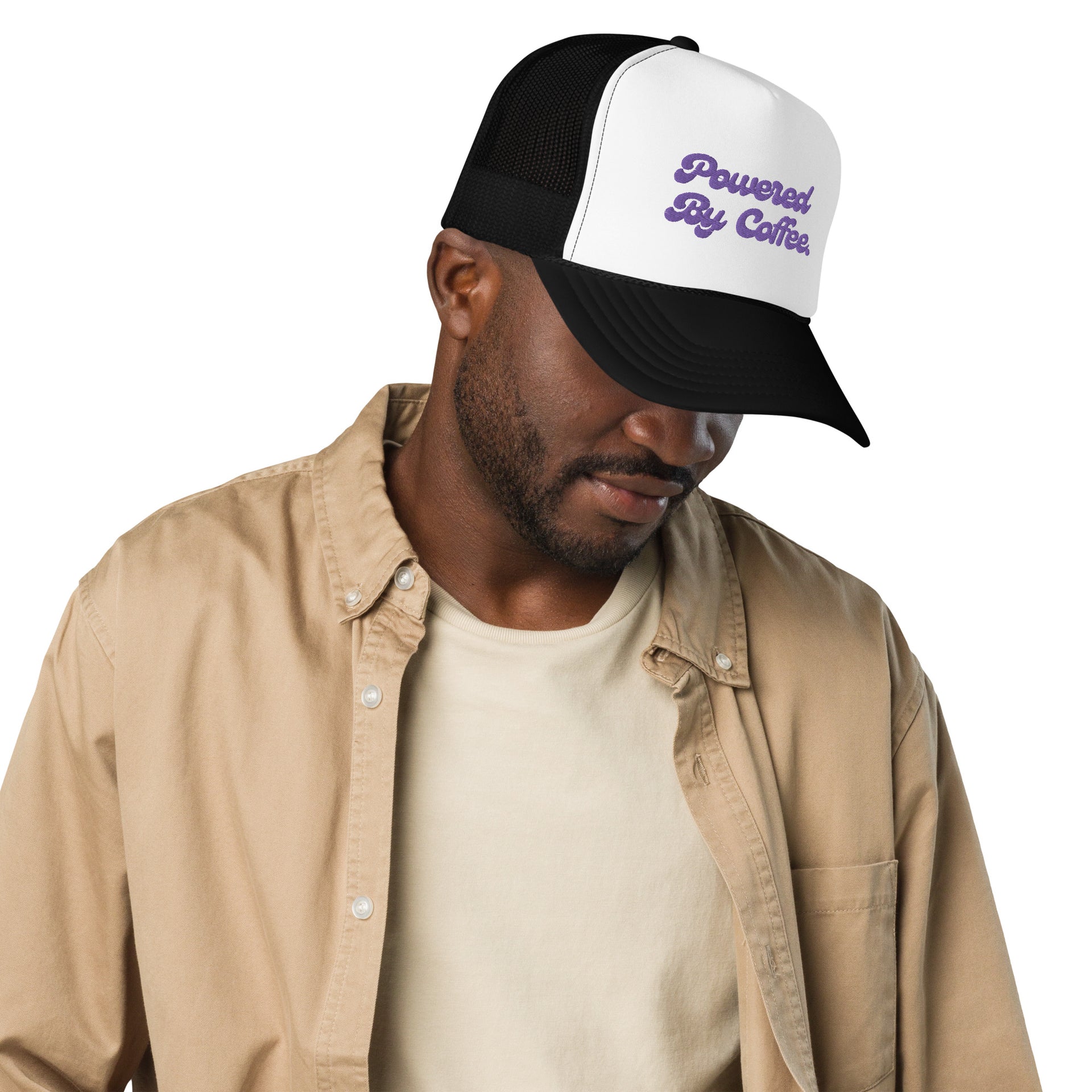 Powered By Coffee Foam trucker hat (Purple) Black White Black