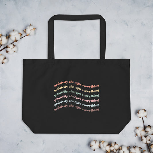 Positivity Changes Everything Large organic tote bag (Rainbow)