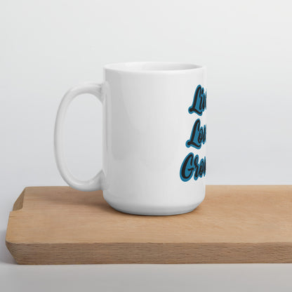 Living Loving Growing White glossy mug