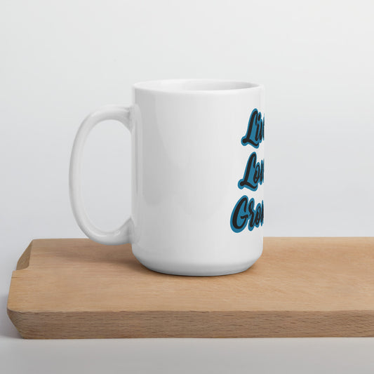 Living Loving Growing White glossy mug