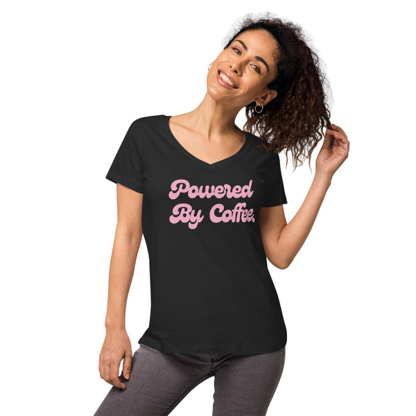 Powered By Coffee Women’s fitted v-neck t-shirt (Pink)