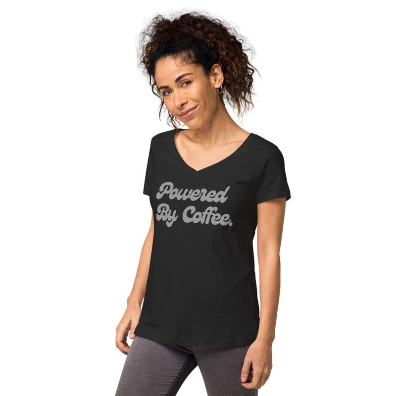 Powered By Coffee Women’s fitted v-neck t-shirt (Grey)