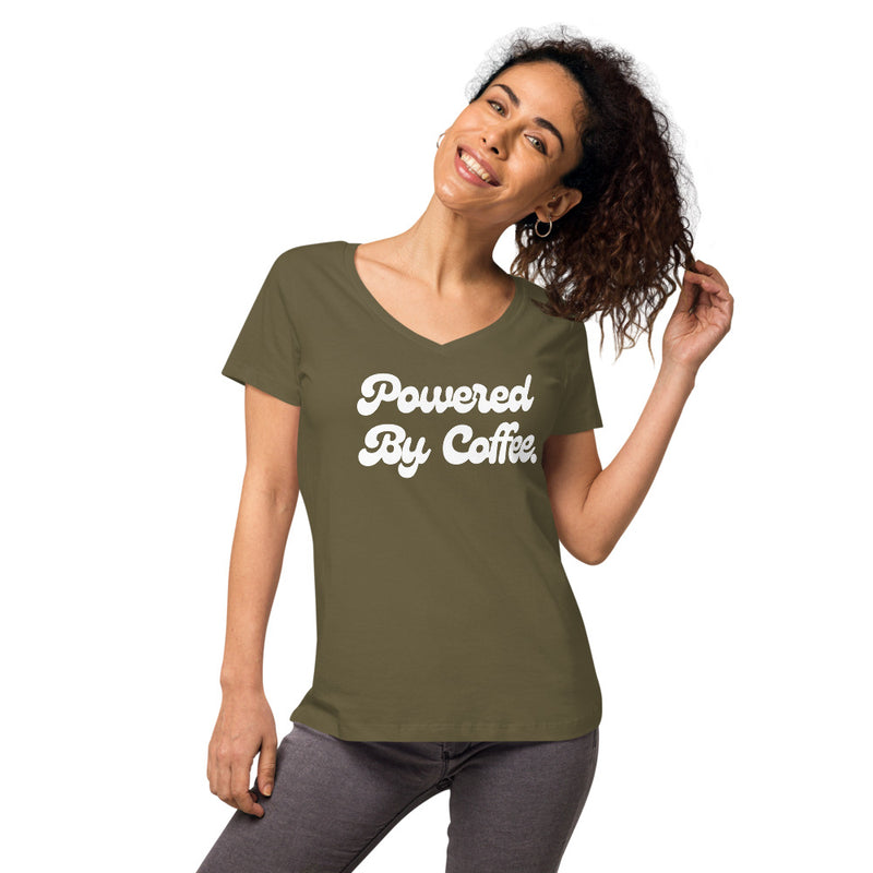 Powered By Coffee Women’s fitted v-neck t-shirt (White)