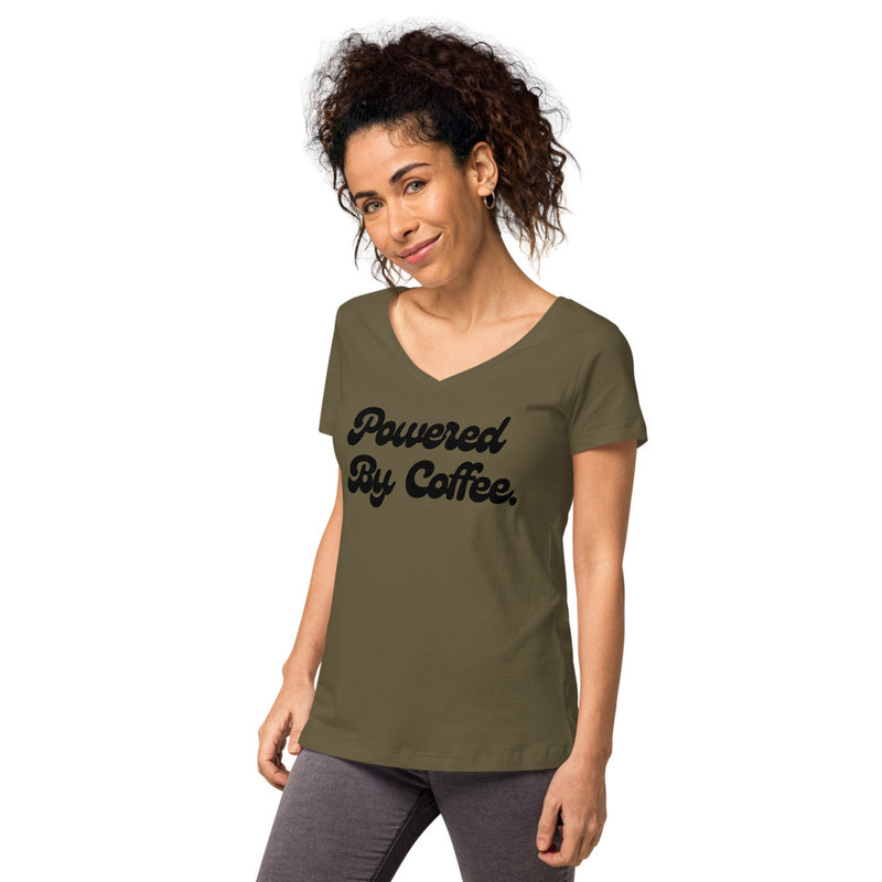 Powered By Coffee Women’s fitted v-neck t-shirt (Black)