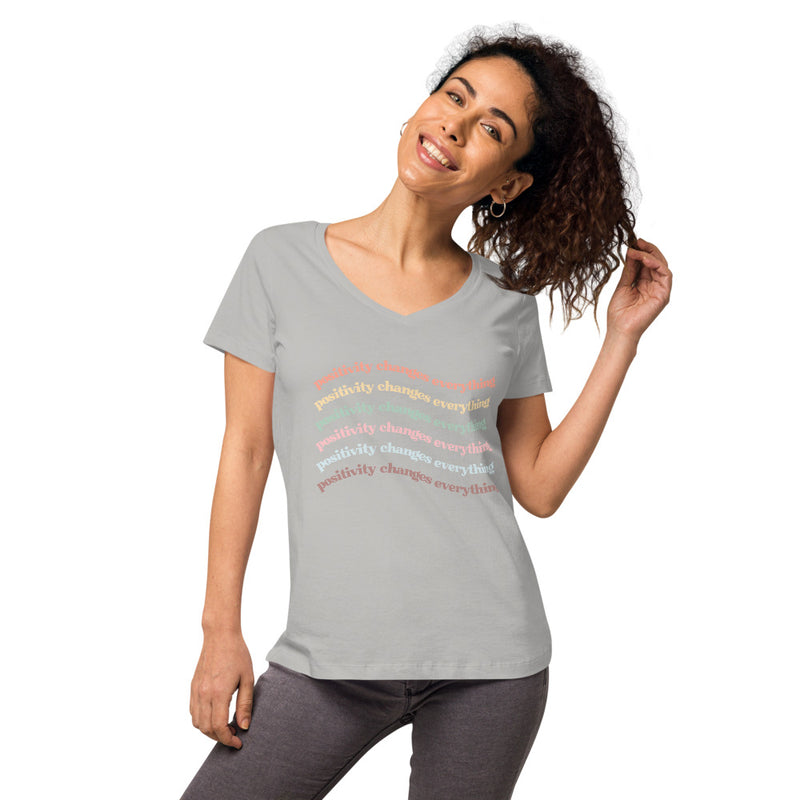 Positivity Changes Everything Women’s fitted v-neck t-shirt (Rainbow)