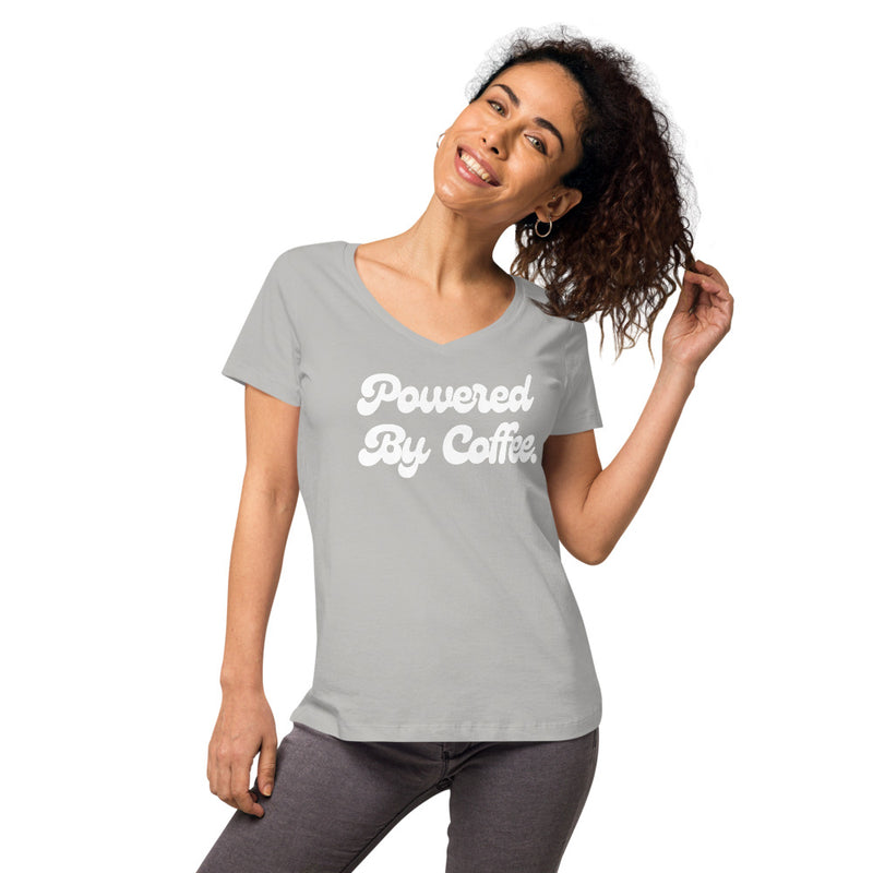 Powered By Coffee Women’s fitted v-neck t-shirt (White)